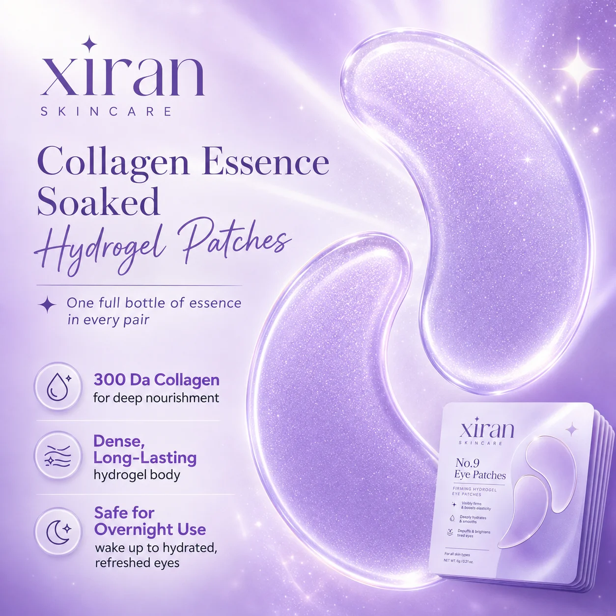 Image promotionnelle à dominante violette des patchs pour les yeux hydrogel imprégnés d'essence de collagène de Xiran Skincare, mettant en avant des caractéristiques telles que le collagène 300 Da, une hydratation longue durée et les bienfaits d'une utilisation nocturne.